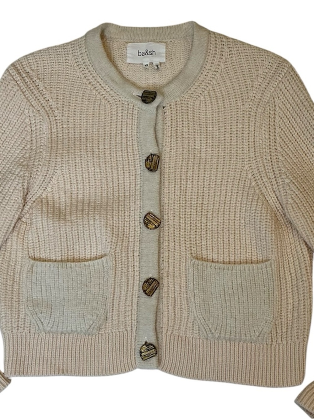 Ba&Sh Knitted Purrl Button Front Wool Cardigan Lady Pullover  in Cream XSmall